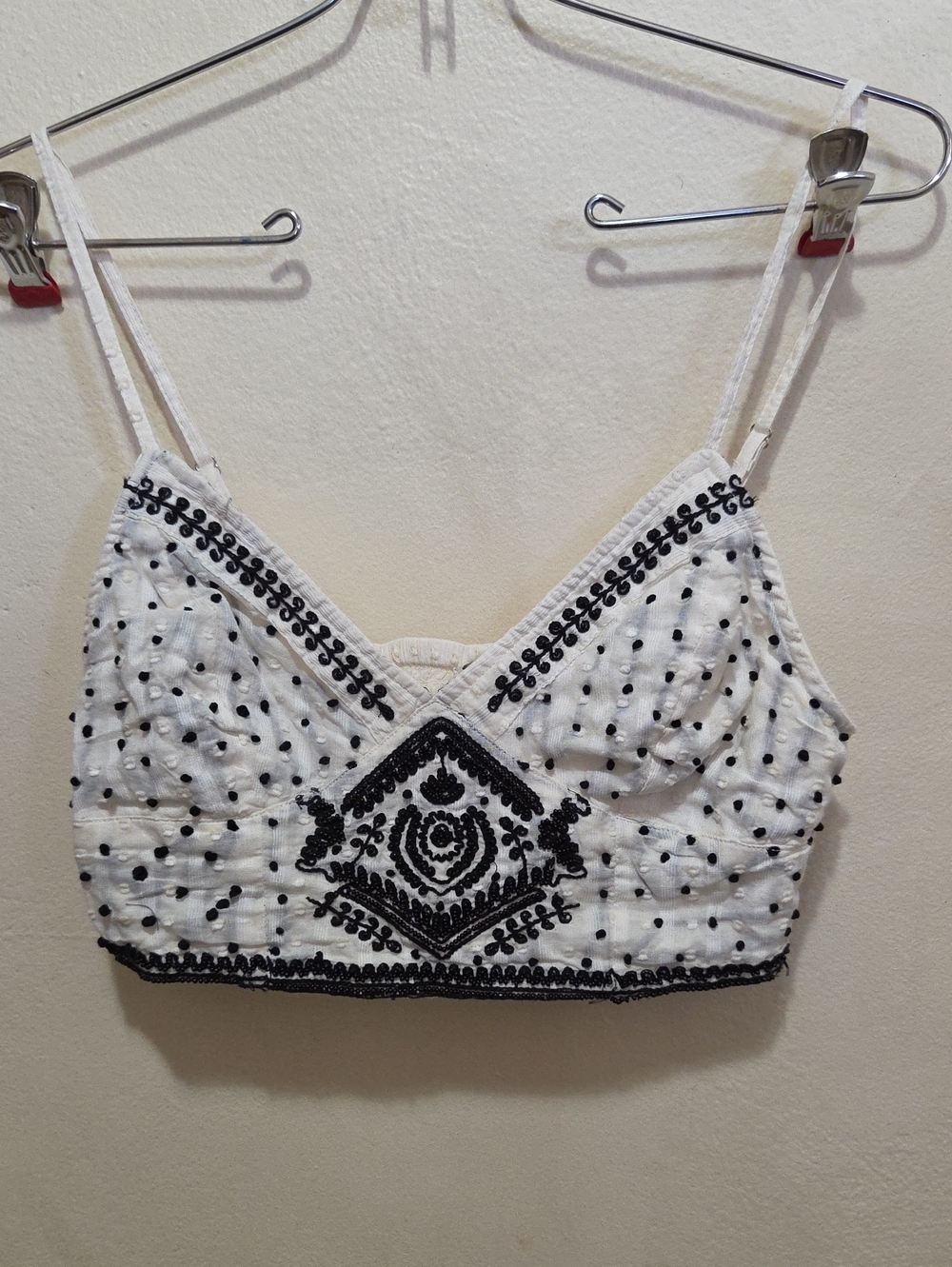 Free People White Cropped Embroidered Cami with Black Accents